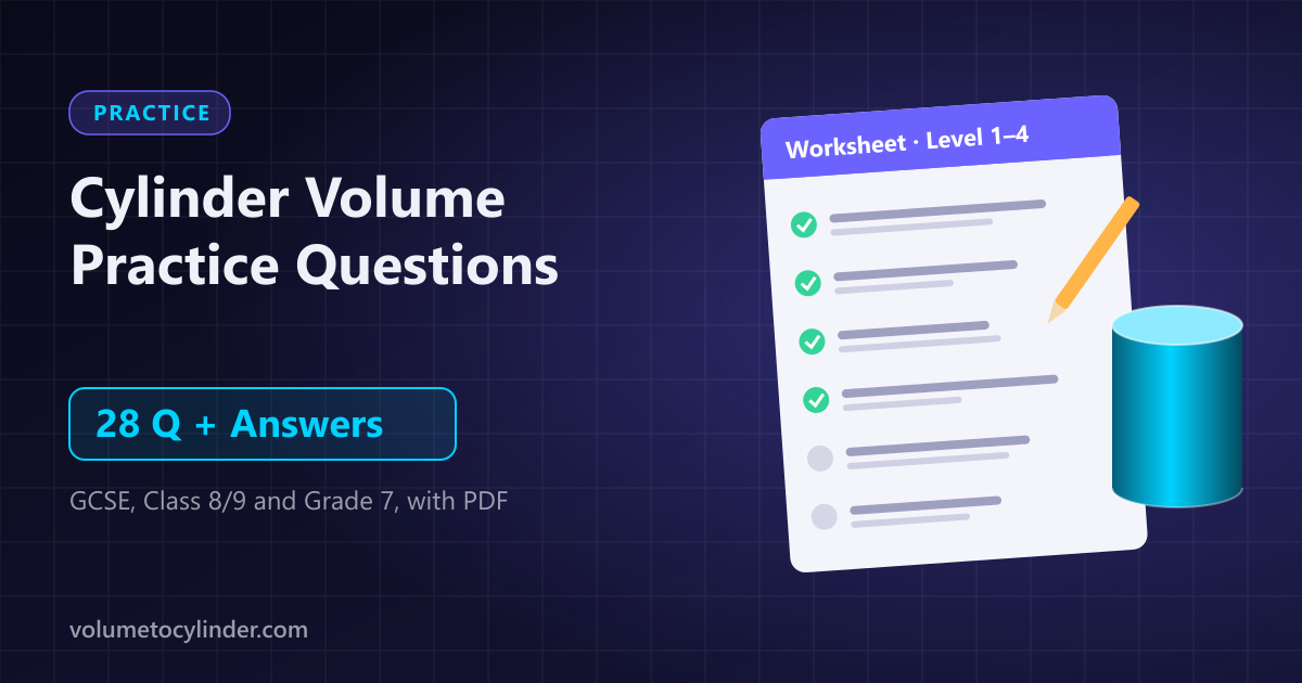 A worksheet of cylinder volume practice questions with a pencil and a labelled cylinder